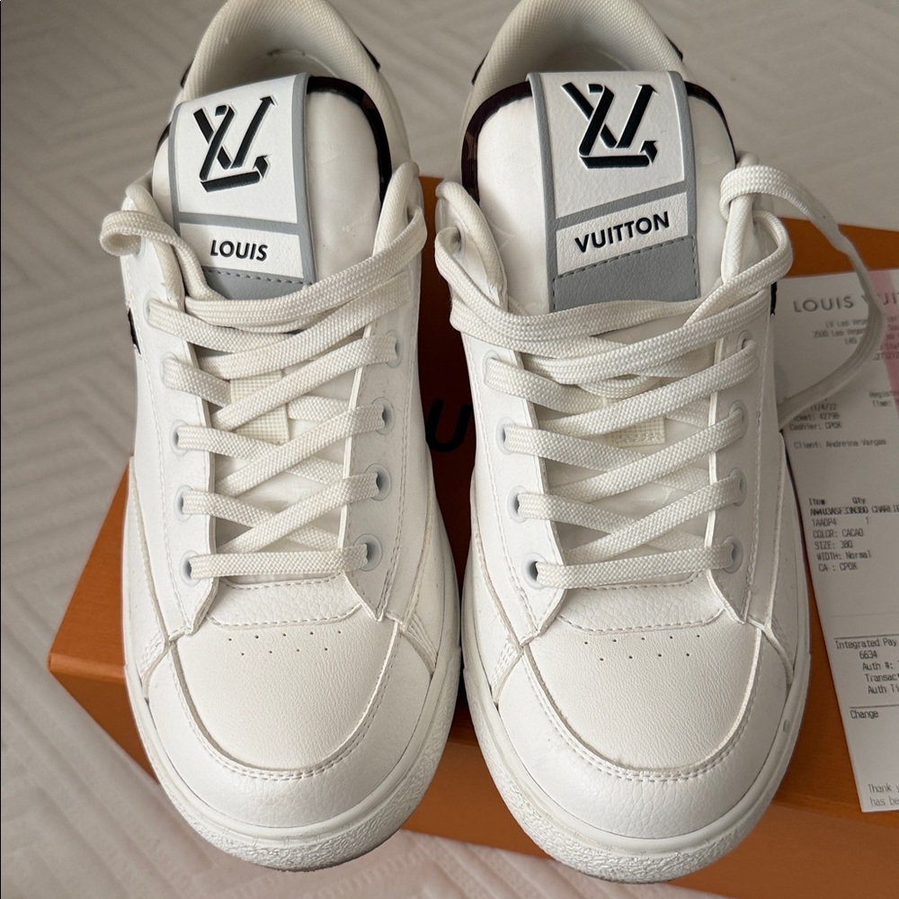 Louis Vuitton White Leather Low-Top Sneakers with LV Tongue Logo